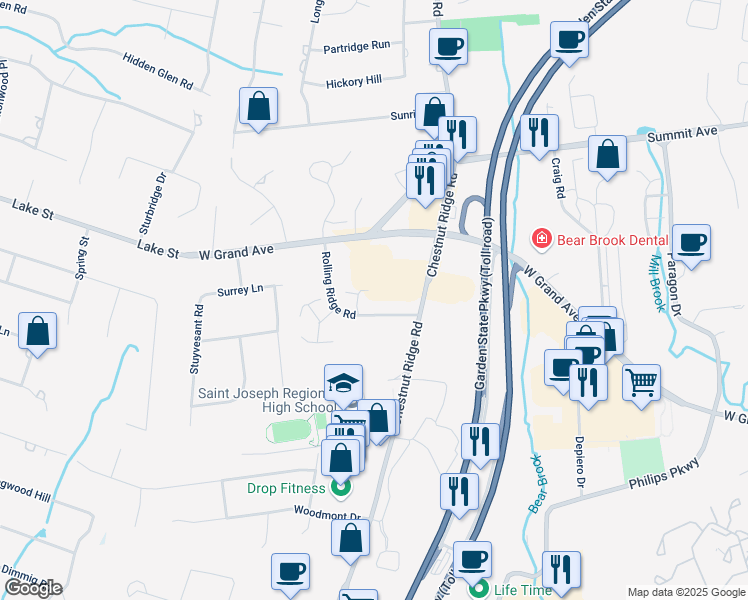 map of restaurants, bars, coffee shops, grocery stores, and more near 22 Rolling Ridge Road in Montvale