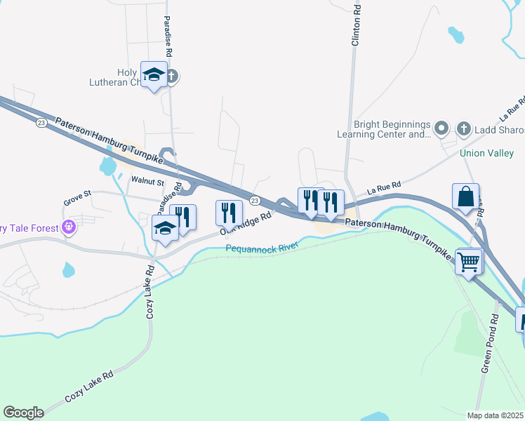 map of restaurants, bars, coffee shops, grocery stores, and more near 12 Oak Ridge Road in West Milford