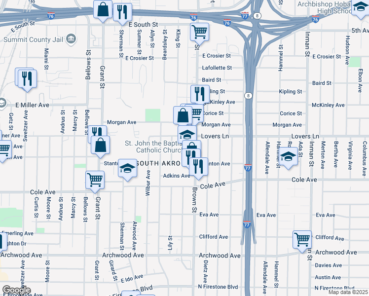 map of restaurants, bars, coffee shops, grocery stores, and more near 1016 Clay Street in Akron