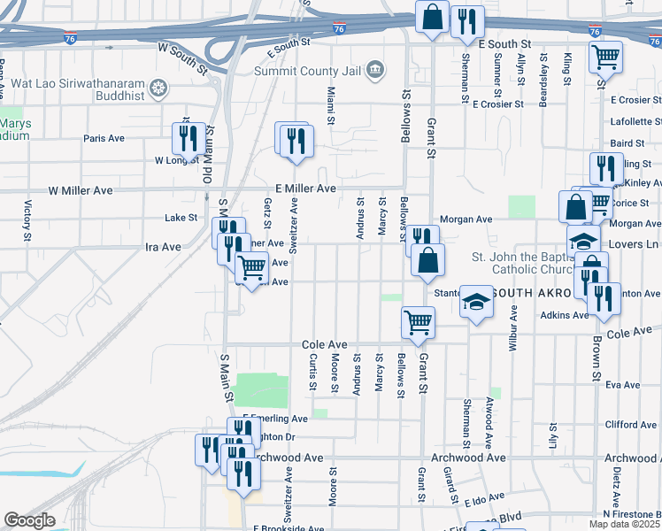 map of restaurants, bars, coffee shops, grocery stores, and more near 1223 Curtis Street in Akron