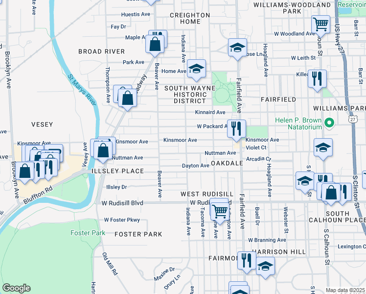 map of restaurants, bars, coffee shops, grocery stores, and more near 3422 Indiana Avenue in Fort Wayne