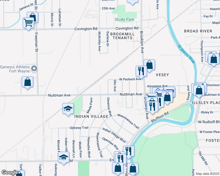 map of restaurants, bars, coffee shops, grocery stores, and more near 3405 Laredo Avenue in Fort Wayne