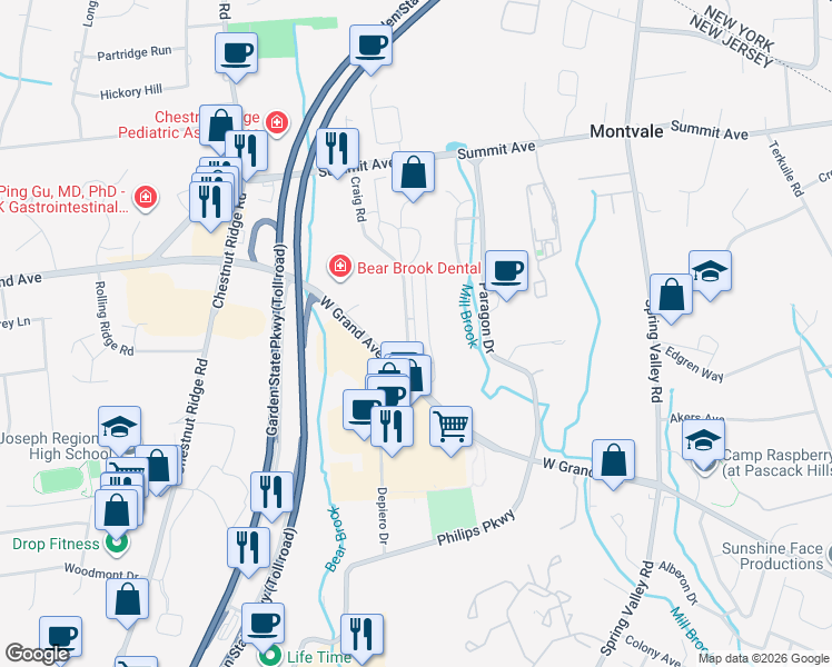 map of restaurants, bars, coffee shops, grocery stores, and more near 11 Forshee Circle in Montvale