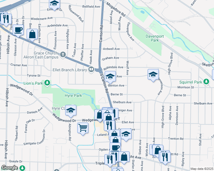 map of restaurants, bars, coffee shops, grocery stores, and more near 2544 Benton Street in Akron