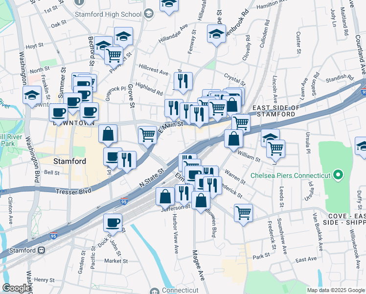 map of restaurants, bars, coffee shops, grocery stores, and more near 43 Clarks Hill Avenue in Stamford