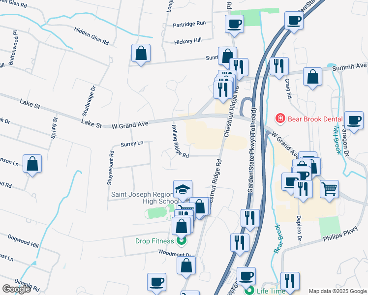 map of restaurants, bars, coffee shops, grocery stores, and more near 14 Rolling Ridge Road in Montvale