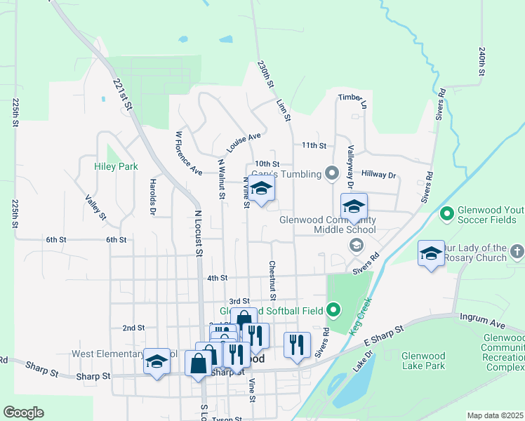 map of restaurants, bars, coffee shops, grocery stores, and more near 901 North Vine Street in Glenwood