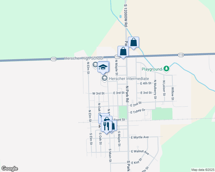 map of restaurants, bars, coffee shops, grocery stores, and more near 391 North Main Street in Herscher
