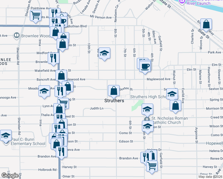 map of restaurants, bars, coffee shops, grocery stores, and more near 458 Sexton Street in Struthers
