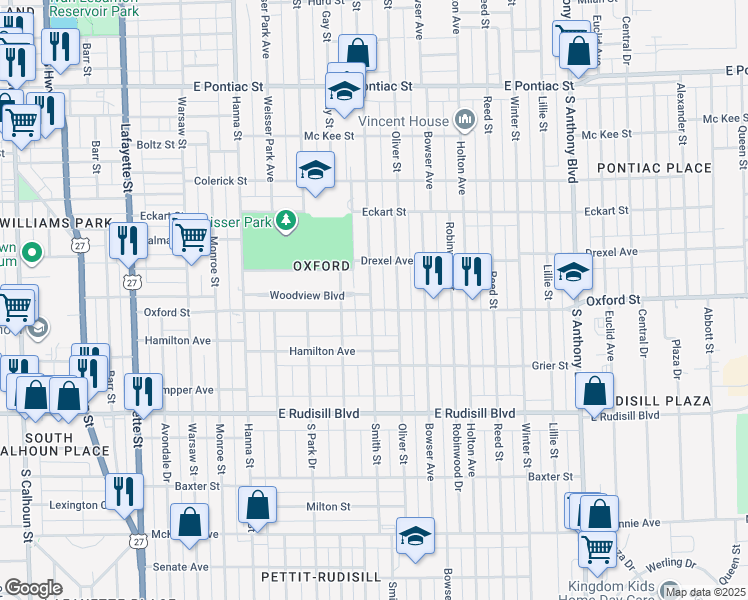 map of restaurants, bars, coffee shops, grocery stores, and more near 1111 Oxford Street in Fort Wayne
