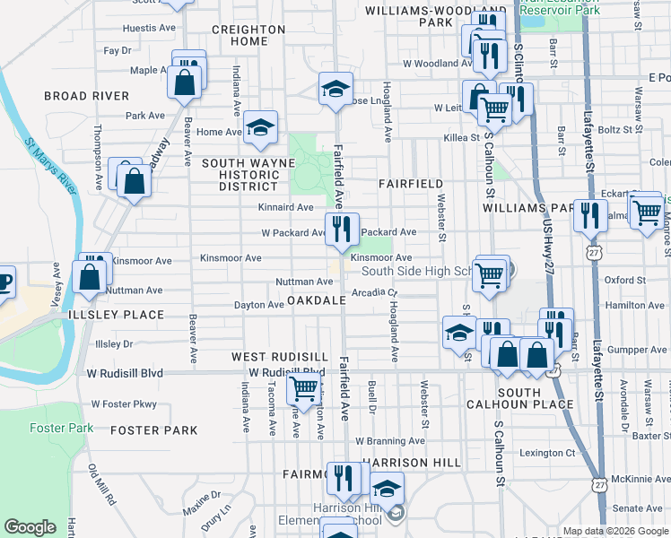 map of restaurants, bars, coffee shops, grocery stores, and more near 3414 Fairfield Avenue in Fort Wayne