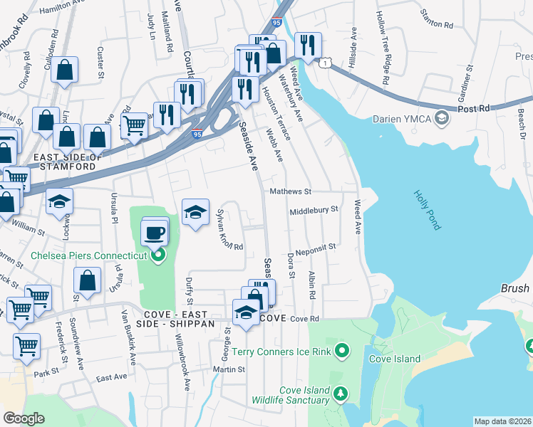 map of restaurants, bars, coffee shops, grocery stores, and more near 154 Seaside Avenue in Stamford