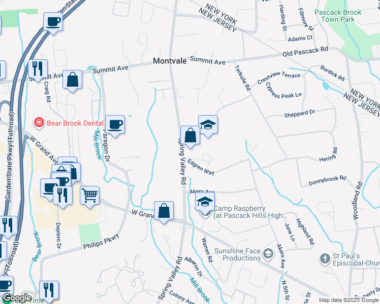 map of restaurants, bars, coffee shops, grocery stores, and more near 49 Spring Valley Road in Montvale
