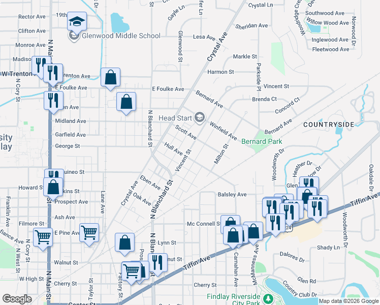 map of restaurants, bars, coffee shops, grocery stores, and more near 602 Hull Avenue in Findlay