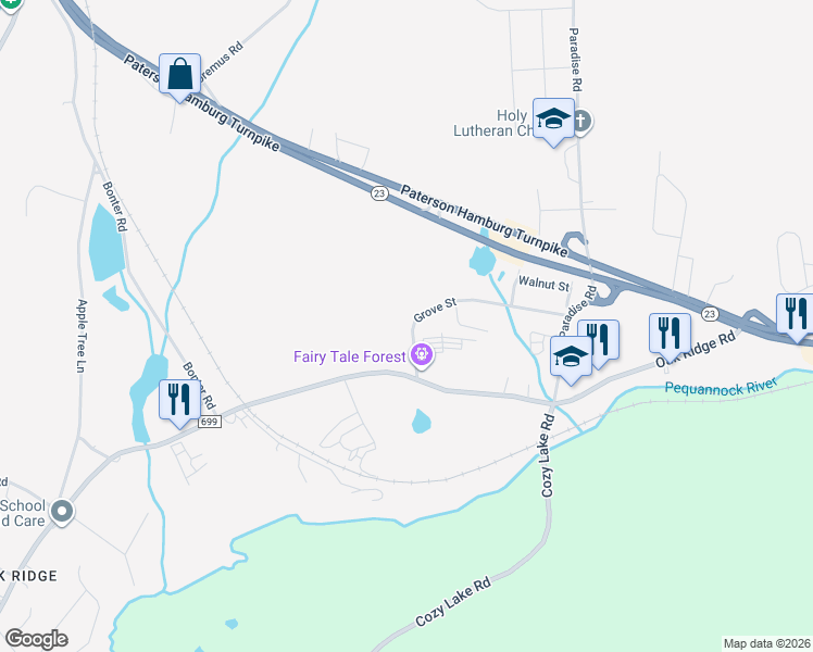 map of restaurants, bars, coffee shops, grocery stores, and more near 21 Grove Street in West Milford