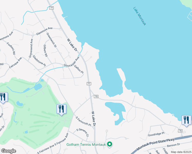 map of restaurants, bars, coffee shops, grocery stores, and more near 150 West Lake Drive in Montauk