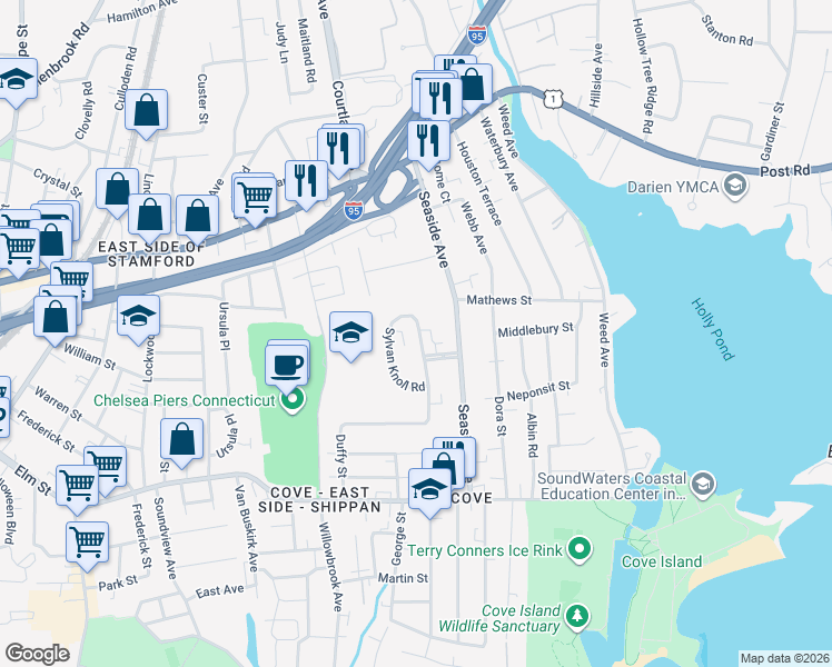 map of restaurants, bars, coffee shops, grocery stores, and more near 161 Sylvan Knoll Road in Stamford