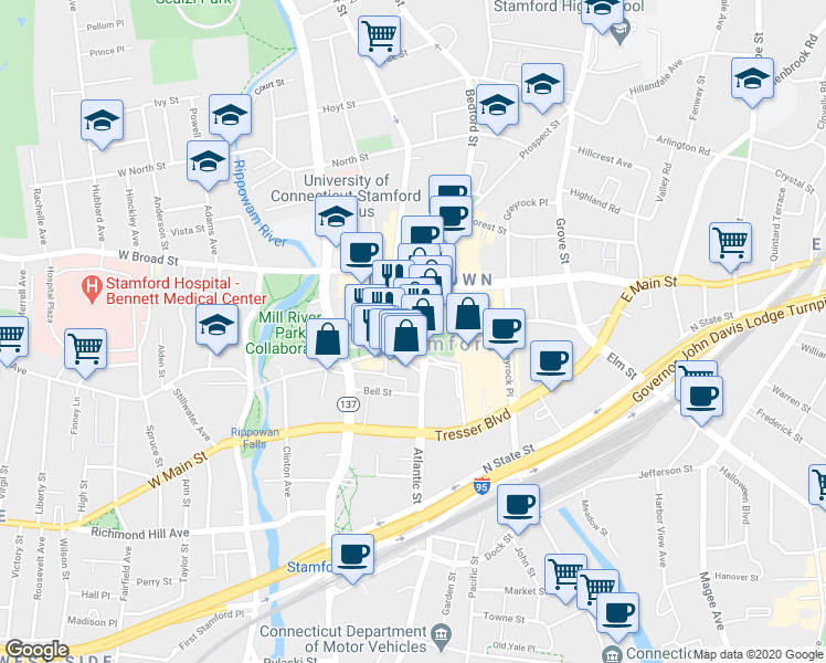 map of restaurants, bars, coffee shops, grocery stores, and more near 37 Summer Street in Stamford
