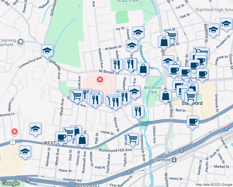 map of restaurants, bars, coffee shops, grocery stores, and more near 39 Alden Street in Stamford