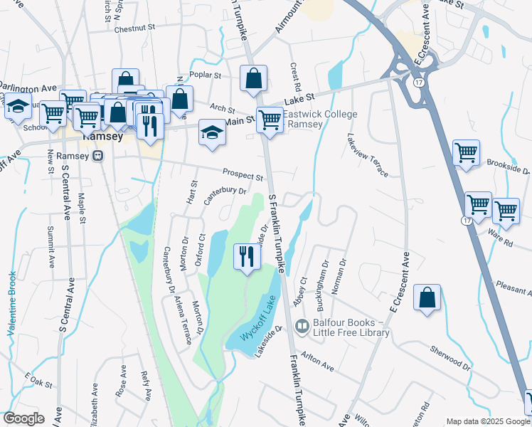 map of restaurants, bars, coffee shops, grocery stores, and more near 10 Lakeside Drive in Ramsey