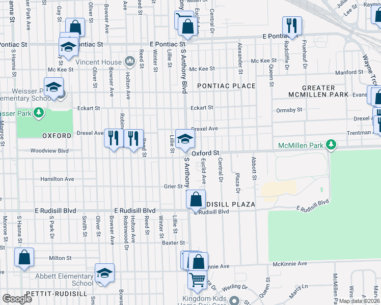 map of restaurants, bars, coffee shops, grocery stores, and more near 3501 South Anthony Boulevard in Fort Wayne