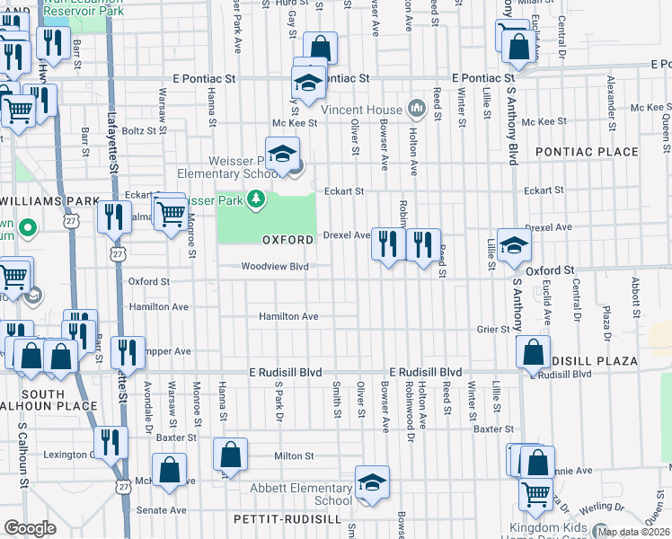 map of restaurants, bars, coffee shops, grocery stores, and more near 1111 Oxford Street in Fort Wayne