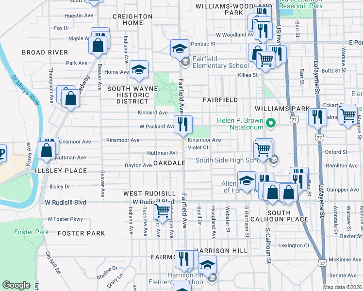 map of restaurants, bars, coffee shops, grocery stores, and more near 3501 Fairfield Avenue in Fort Wayne
