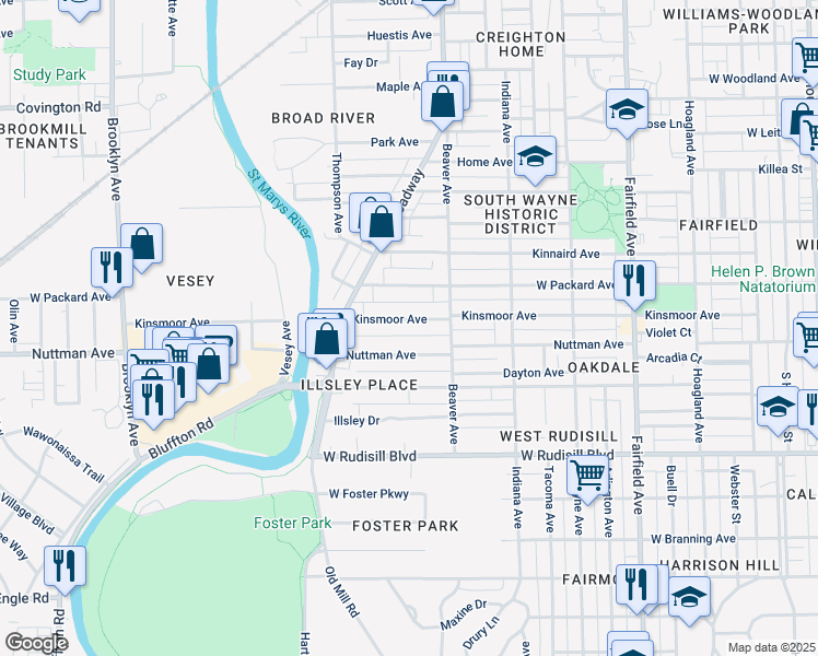 map of restaurants, bars, coffee shops, grocery stores, and more near 1140 Nuttman Avenue in Fort Wayne