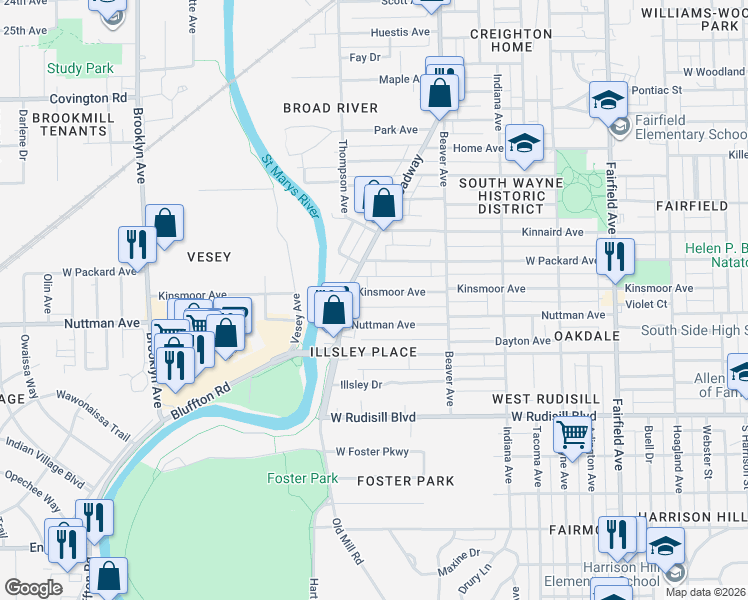 map of restaurants, bars, coffee shops, grocery stores, and more near 1222 Nuttman Avenue in Fort Wayne