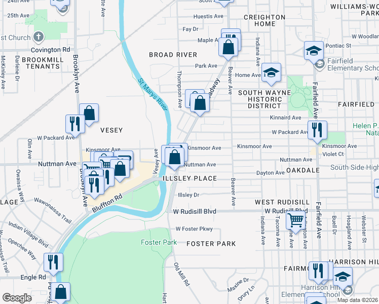 map of restaurants, bars, coffee shops, grocery stores, and more near 1222 Nuttman Avenue in Fort Wayne