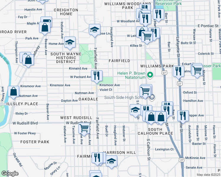 map of restaurants, bars, coffee shops, grocery stores, and more near 408 Violet Court in Fort Wayne