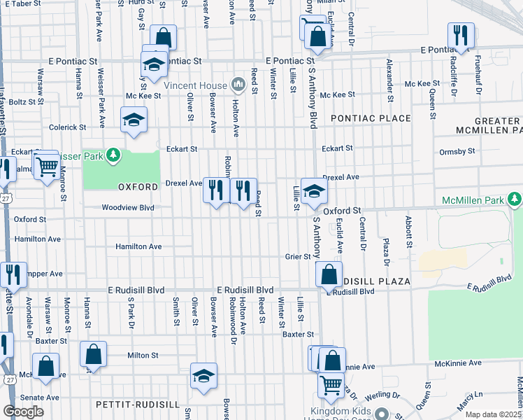 map of restaurants, bars, coffee shops, grocery stores, and more near 3415 Reed Street in Fort Wayne
