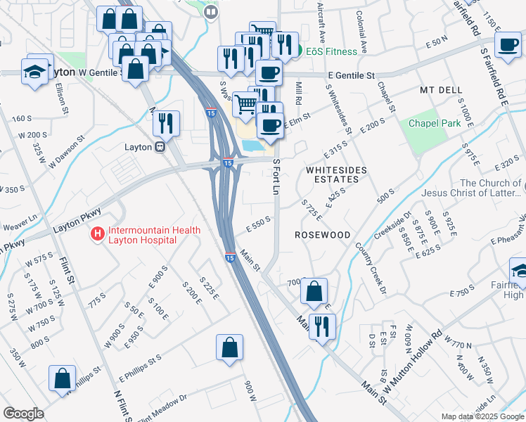 map of restaurants, bars, coffee shops, grocery stores, and more near 403 East 550 South in Layton