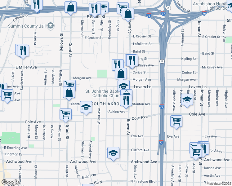 map of restaurants, bars, coffee shops, grocery stores, and more near 1016 Clay Street in Akron