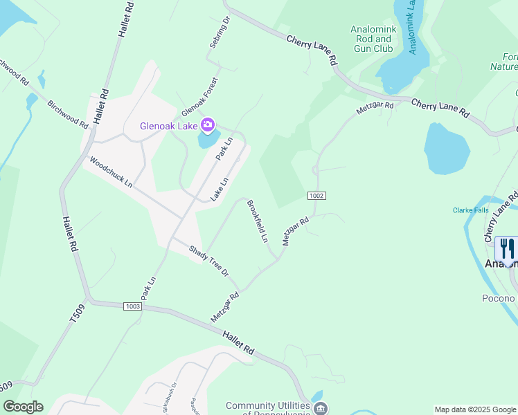 map of restaurants, bars, coffee shops, grocery stores, and more near 10 Brookfield Lane in East Stroudsburg