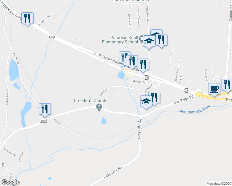 map of restaurants, bars, coffee shops, grocery stores, and more near 1 Wilson Avenue in West Milford