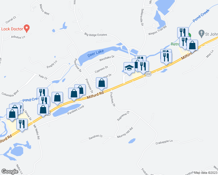 map of restaurants, bars, coffee shops, grocery stores, and more near 5089 Milford Road in East Stroudsburg