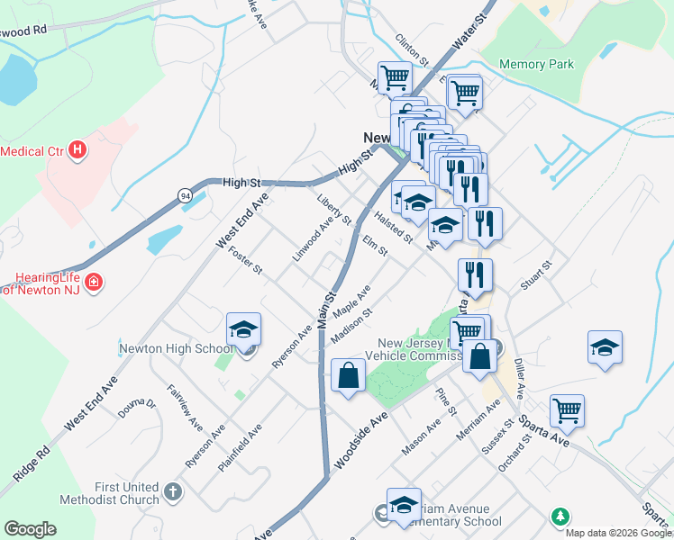 map of restaurants, bars, coffee shops, grocery stores, and more near 125 Main Street in Newton