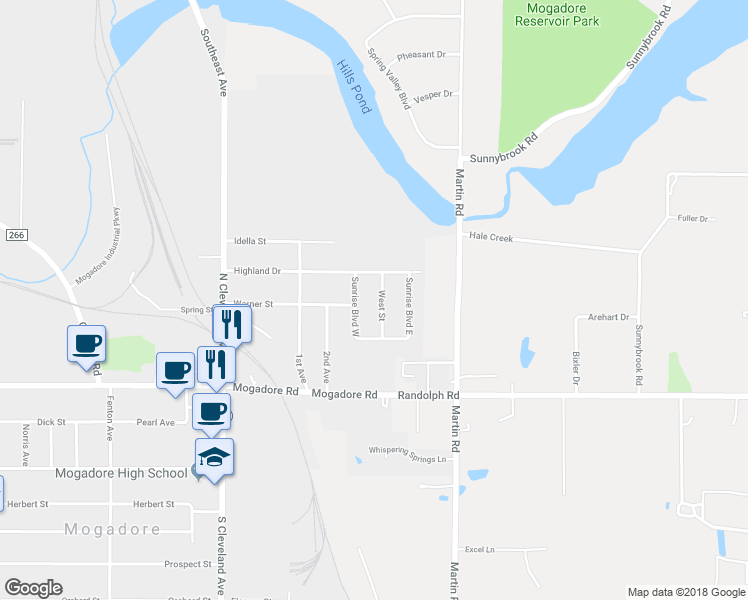 map of restaurants, bars, coffee shops, grocery stores, and more near 104 West Avenue in Mogadore