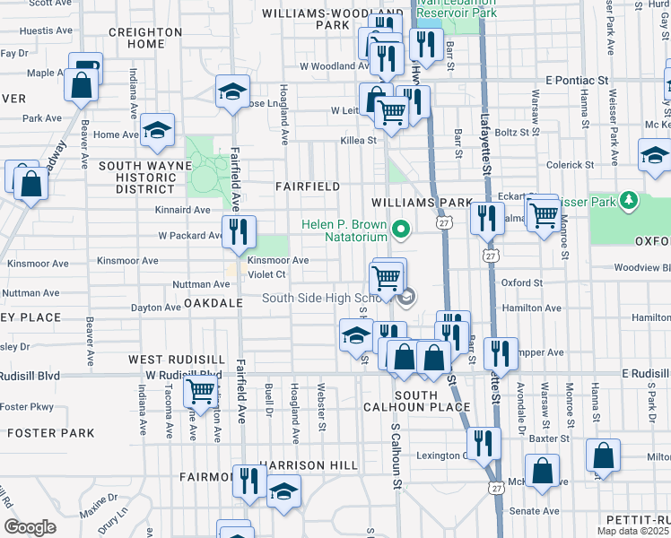 map of restaurants, bars, coffee shops, grocery stores, and more near 3410 Webster Street in Fort Wayne