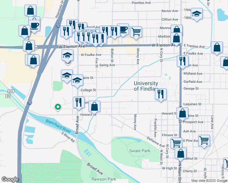 map of restaurants, bars, coffee shops, grocery stores, and more near 531 College Street in Findlay