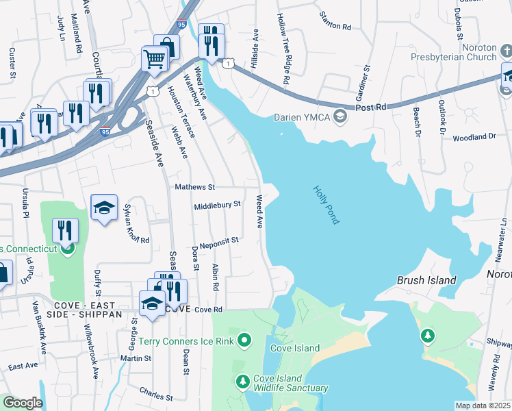 map of restaurants, bars, coffee shops, grocery stores, and more near 225 Weed Avenue in Stamford