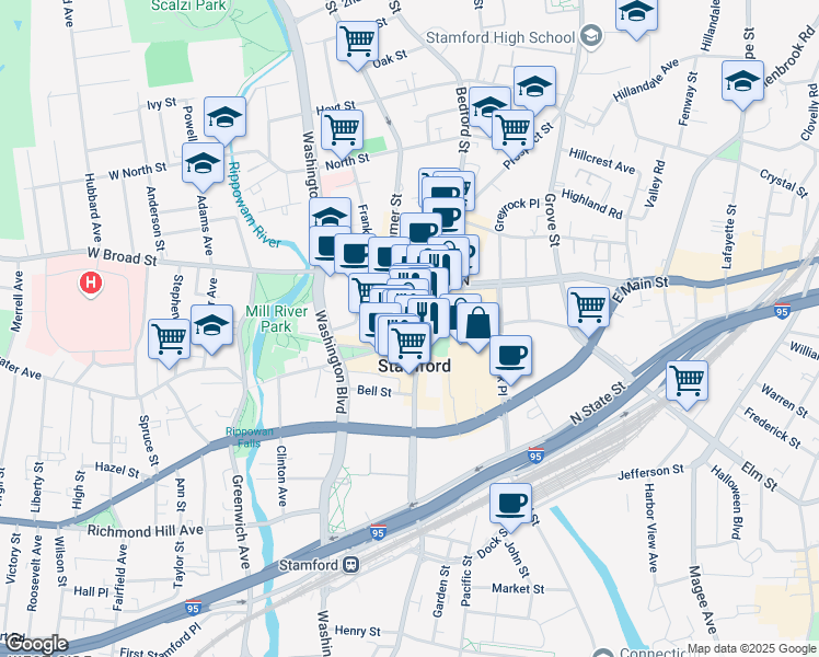 map of restaurants, bars, coffee shops, grocery stores, and more near in Stamford