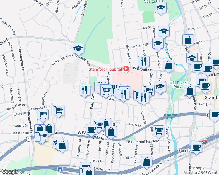 map of restaurants, bars, coffee shops, grocery stores, and more near 94 Merrell Avenue in Stamford