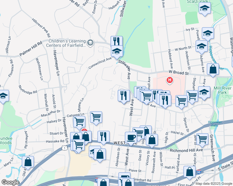 map of restaurants, bars, coffee shops, grocery stores, and more near 28 Westwood Drive in Stamford