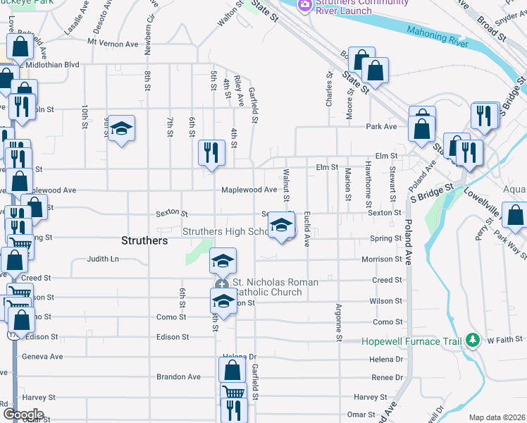 map of restaurants, bars, coffee shops, grocery stores, and more near 650 Garfield Street in Struthers
