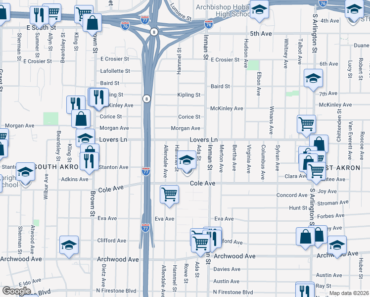 map of restaurants, bars, coffee shops, grocery stores, and more near 887 Hammel Street in Akron