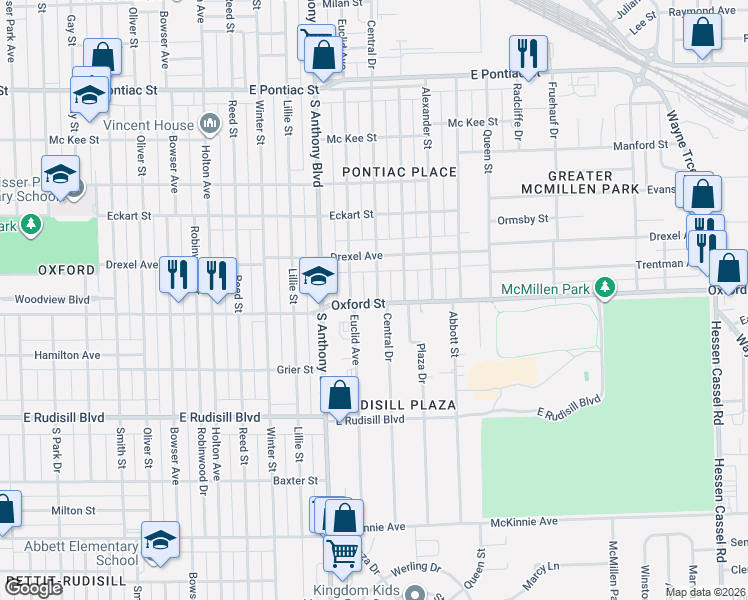 map of restaurants, bars, coffee shops, grocery stores, and more near 1930 Oxford Street in Fort Wayne