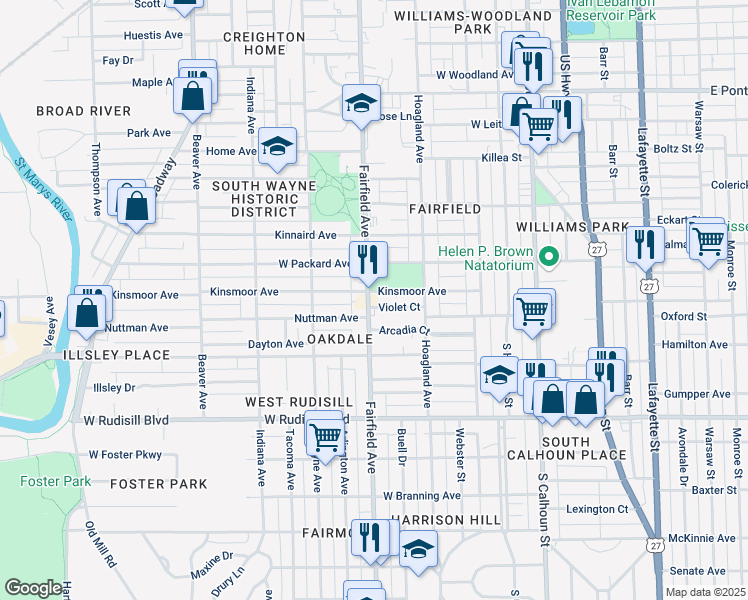 map of restaurants, bars, coffee shops, grocery stores, and more near 3501 Fairfield Avenue in Fort Wayne