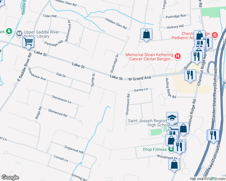 map of restaurants, bars, coffee shops, grocery stores, and more near 96 Oak Drive in Upper Saddle River